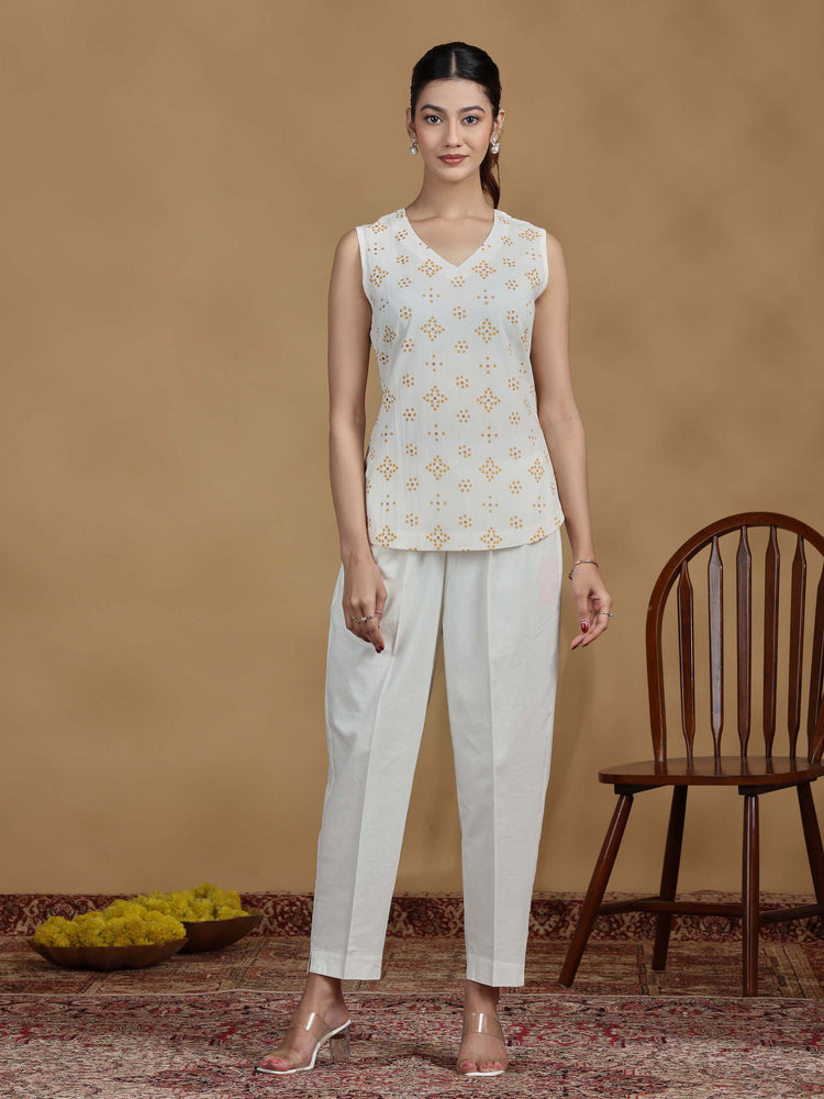 Off White Printed Cotton Sleeveless Tunic
