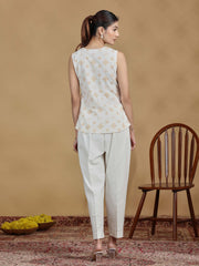 Off White Printed Cotton Sleeveless Tunic