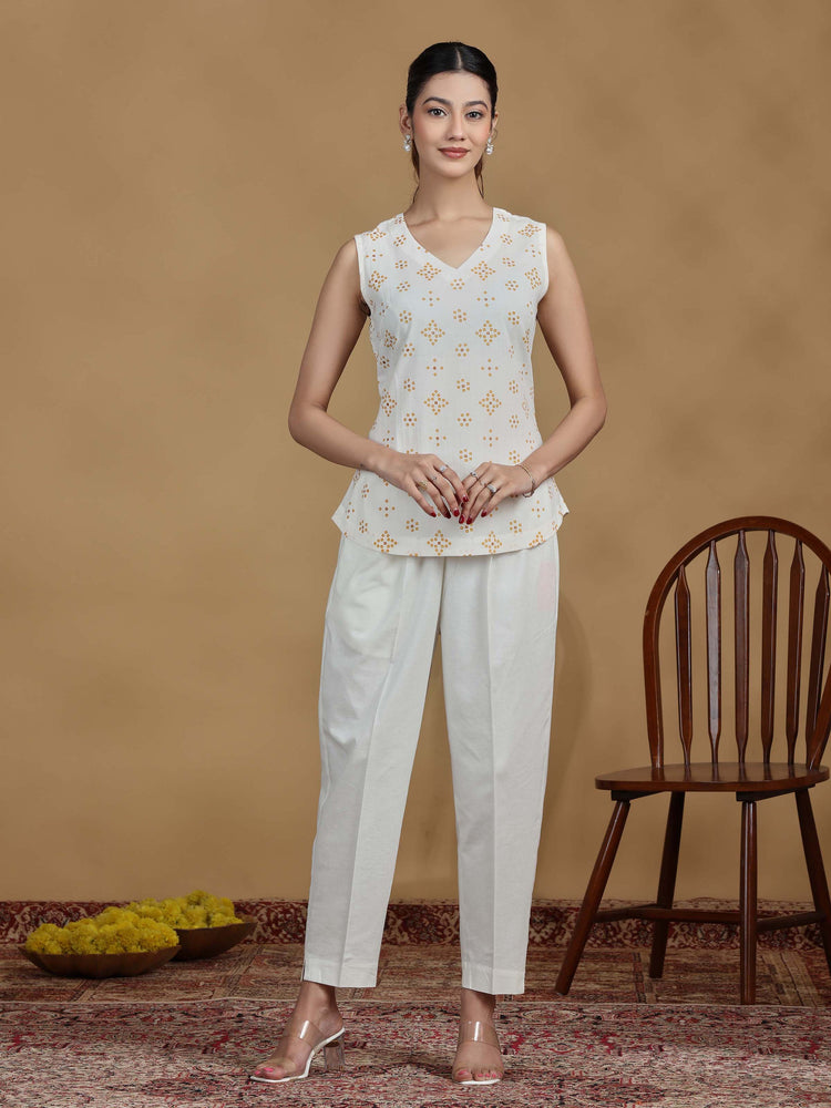 Off White Printed Cotton Sleeveless Tunic