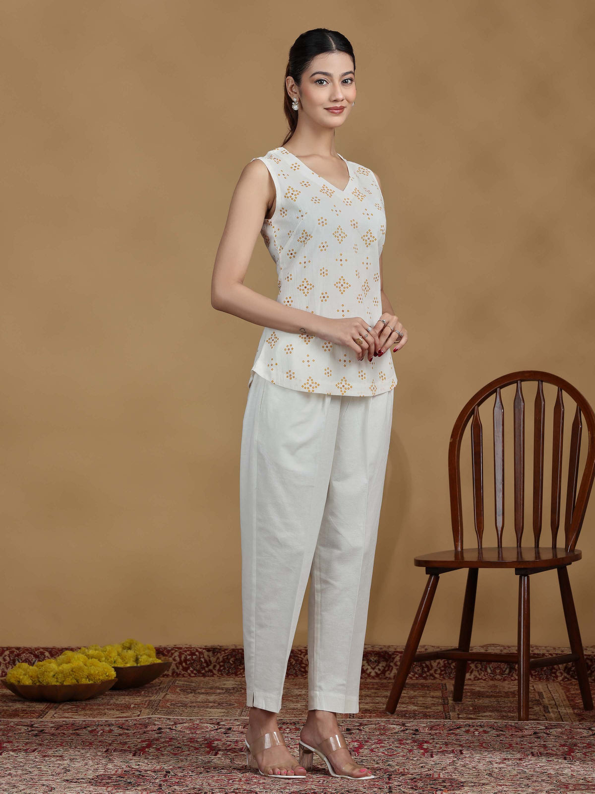 Off White Printed Cotton Sleeveless Tunic