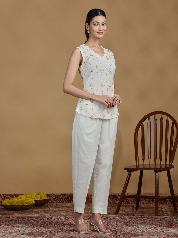 Off White Printed Cotton Sleeveless Tunic
