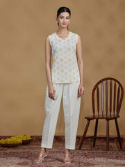 Off White Printed Cotton Sleeveless Tunic