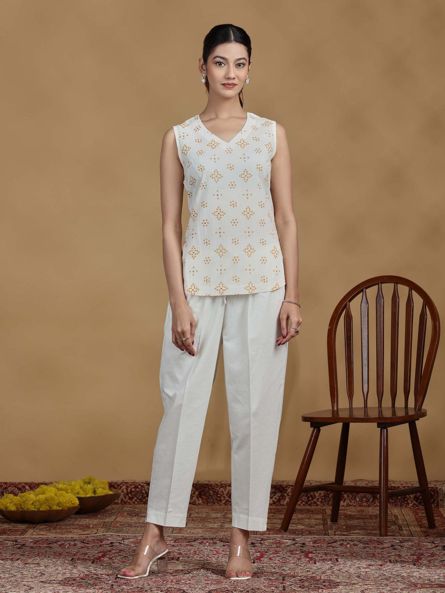 Off White Printed Cotton Sleeveless Tunic
