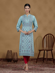 Sky Blue Printed Cotton Straight Kurta