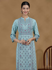 Sky Blue Printed Cotton Straight Kurta