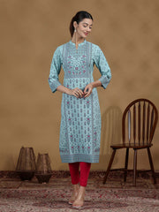 Sky Blue Printed Cotton Straight Kurta