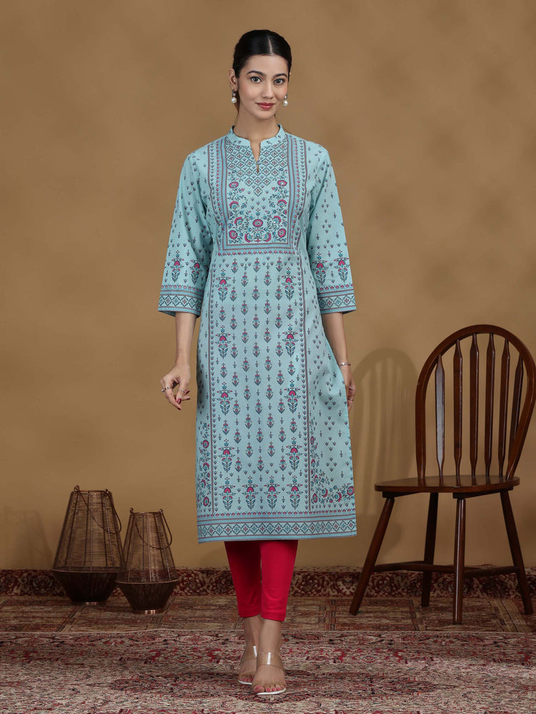 Sky Blue Printed Cotton Straight Kurta