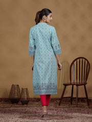 Sky Blue Printed Cotton Straight Kurta