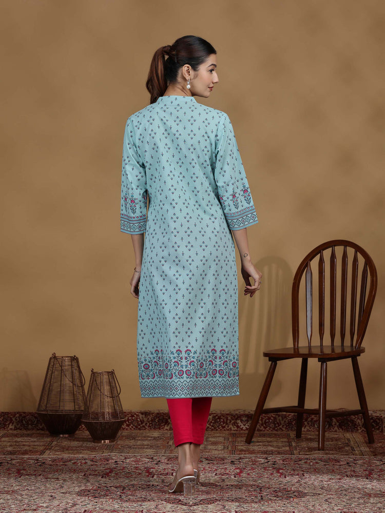 Sky Blue Printed Cotton Straight Kurta