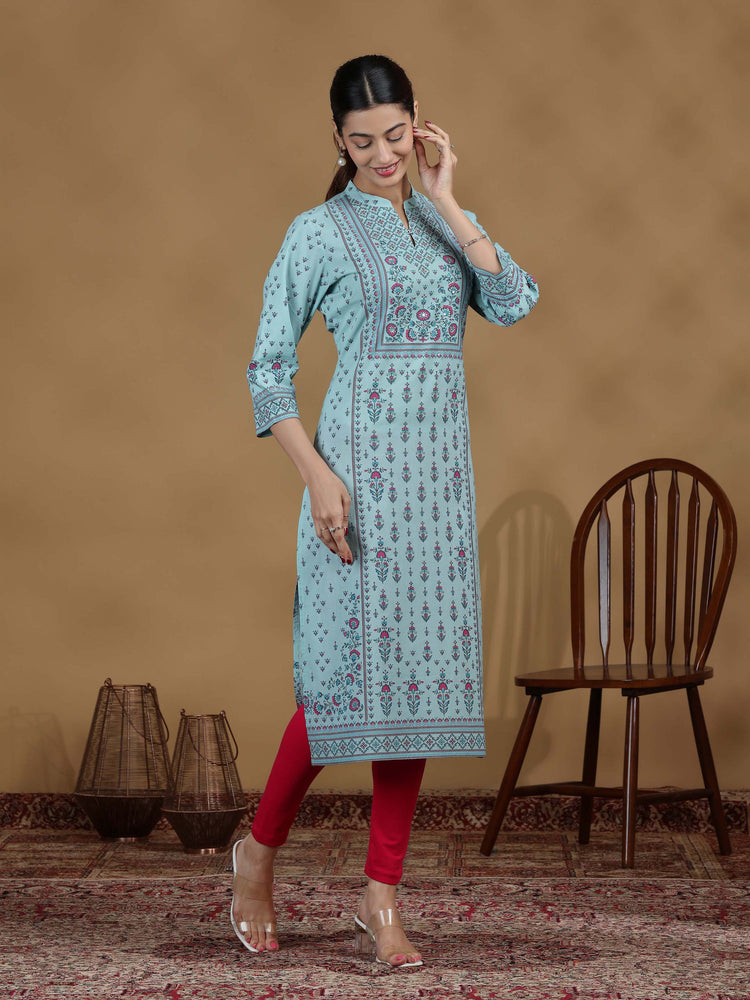 Sky Blue Printed Cotton Straight Kurta
