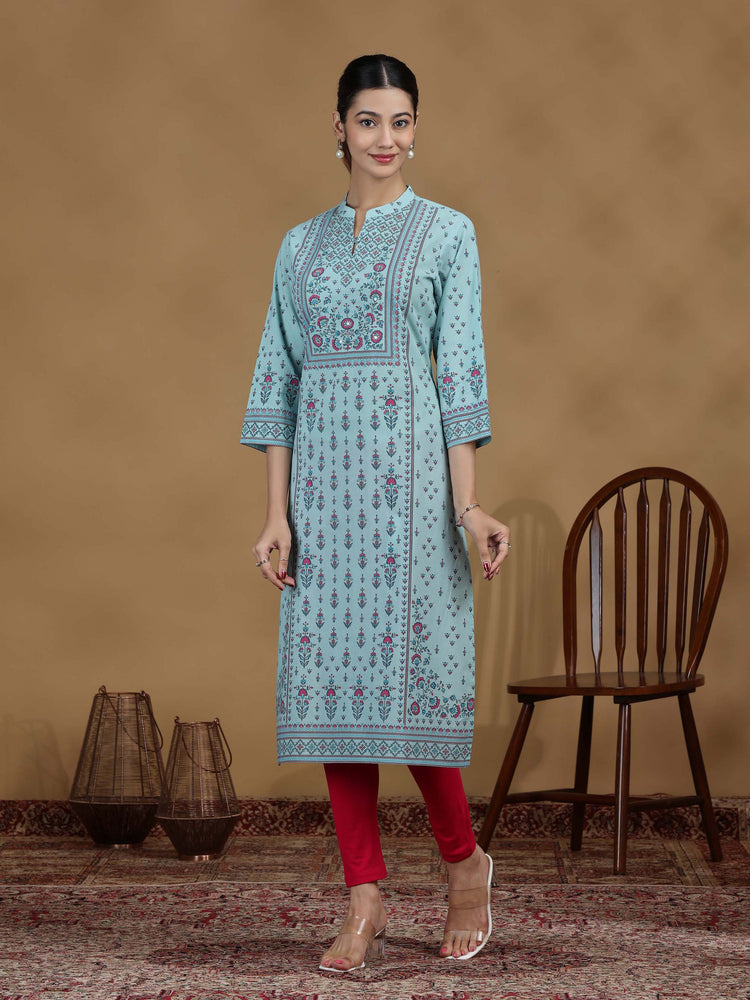 Sky Blue Printed Cotton Straight Kurta