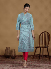 Sky Blue Printed Cotton Straight Kurta