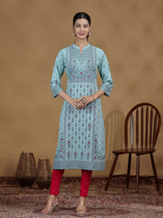 Sky Blue Printed Cotton Straight Kurta