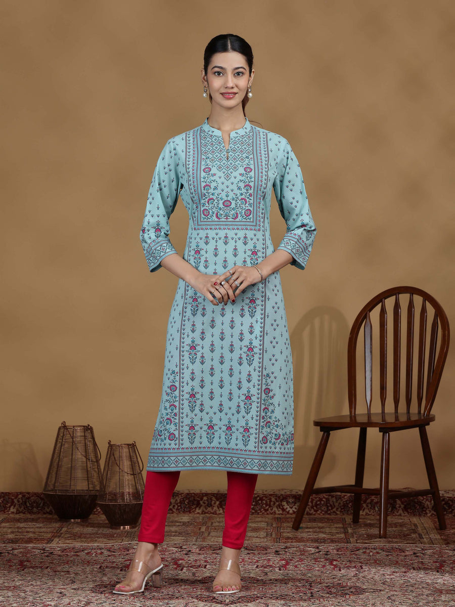 Sky Blue Printed Cotton Straight Kurta