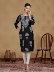 Black Solid Embroidered Straight Kurta