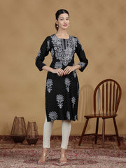 Black Solid Embroidered Straight Kurta