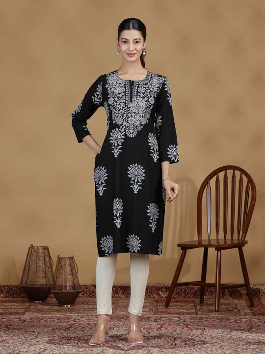Black Solid Embroidered Straight Kurta