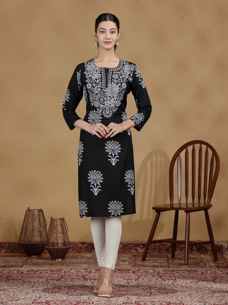 Black Solid Embroidered Straight Kurta