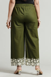 Bottle Green Cotton Embroidered Palazzo for women