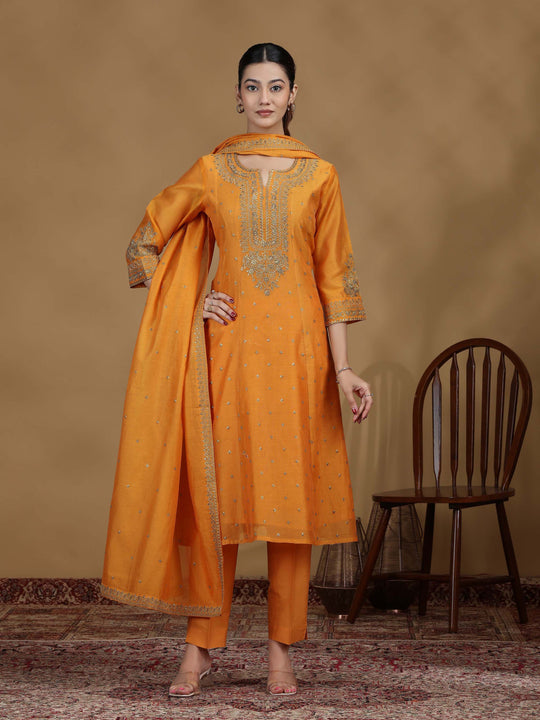 Light Orange Embroidered Straight Kurta Set with Dupatta