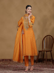 Light Orange Embroidered Straight Kurta Set with Dupatta