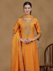 Light Orange Embroidered Straight Kurta Set with Dupatta