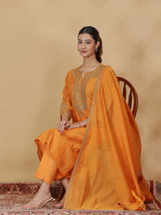 Light Orange Embroidered Straight Kurta Set with Dupatta