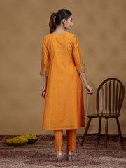 Light Orange Embroidered Straight Kurta Set with Dupatta