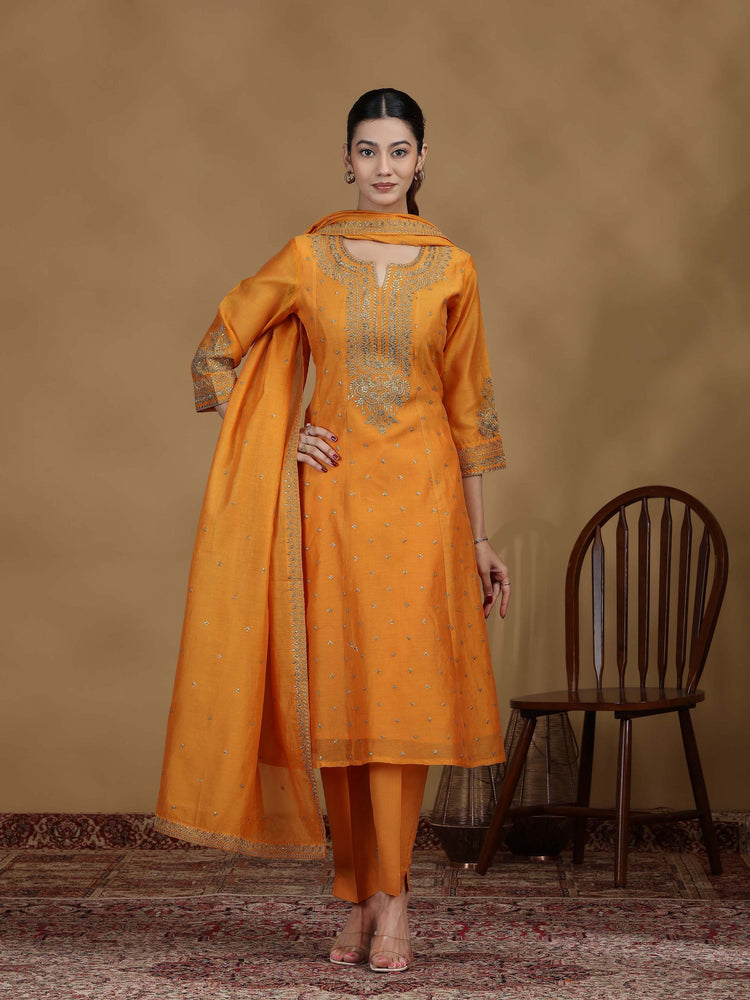 Light Orange Embroidered Straight Kurta Set with Dupatta