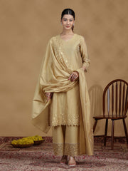 Gold Embroidered Straight Kurta Set with Dupatta