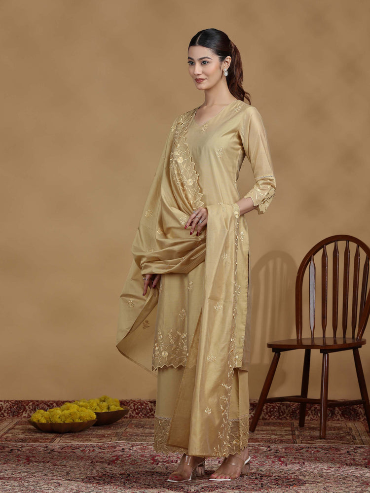Gold Embroidered Straight Kurta Set with Dupatta