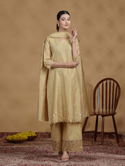 Gold Embroidered Straight Kurta Set with Dupatta