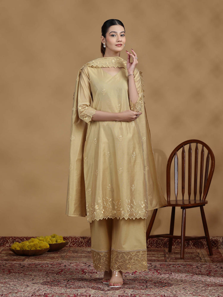 Gold Embroidered Straight Kurta Set with Dupatta