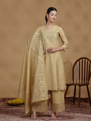 Gold Embroidered Straight Kurta Set with Dupatta