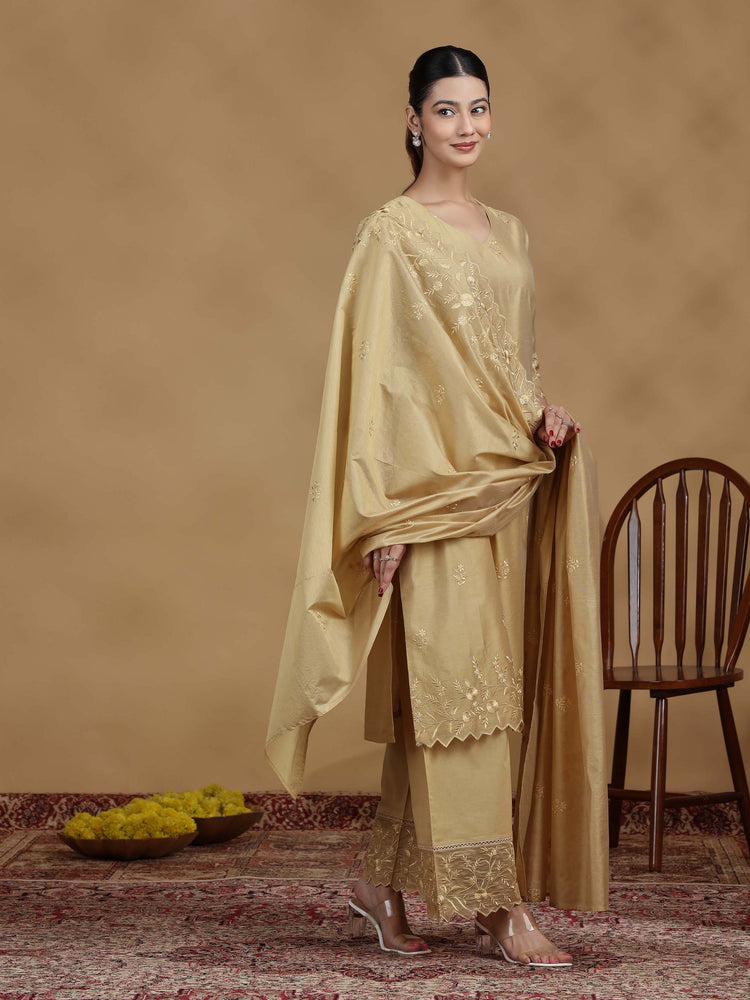 Gold Embroidered Straight Kurta Set with Dupatta
