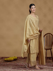 Gold Embroidered Straight Kurta Set with Dupatta