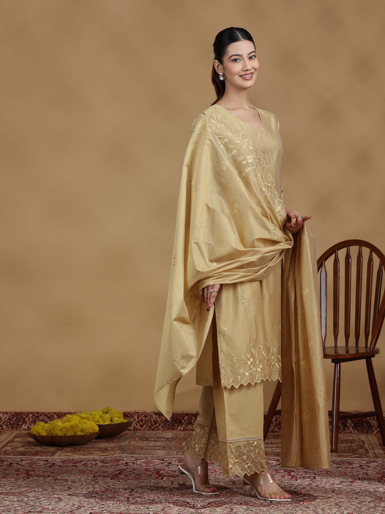 Gold Embroidered Straight Kurta Set with Dupatta