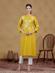 Yellow Floral Cotton Embroidered Kurta