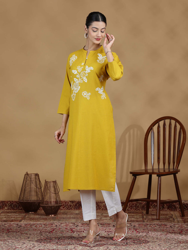 Yellow Floral Cotton Embroidered Kurta