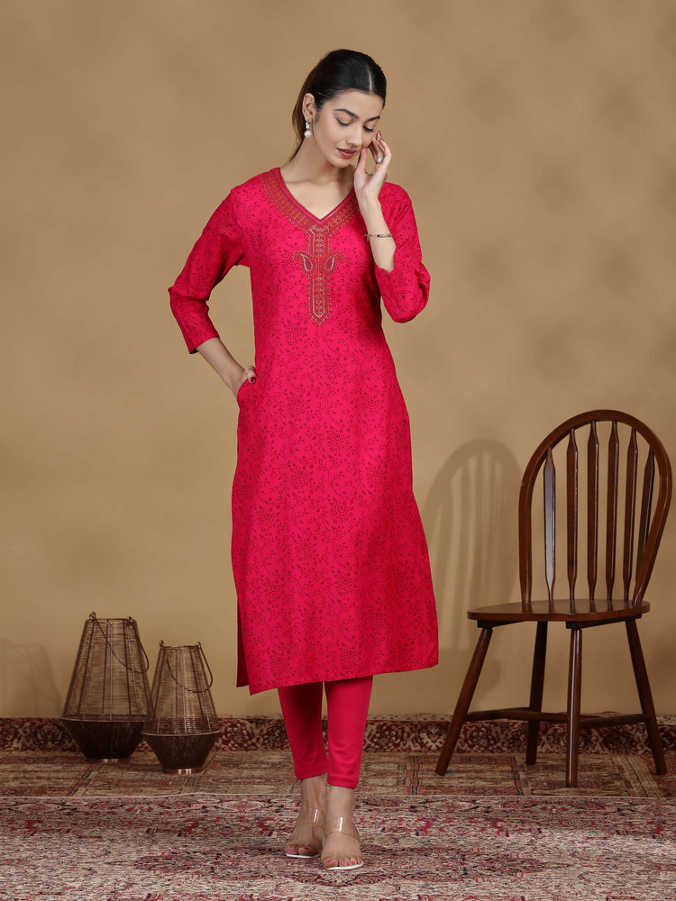 Pink Embroidered Straight Kurta