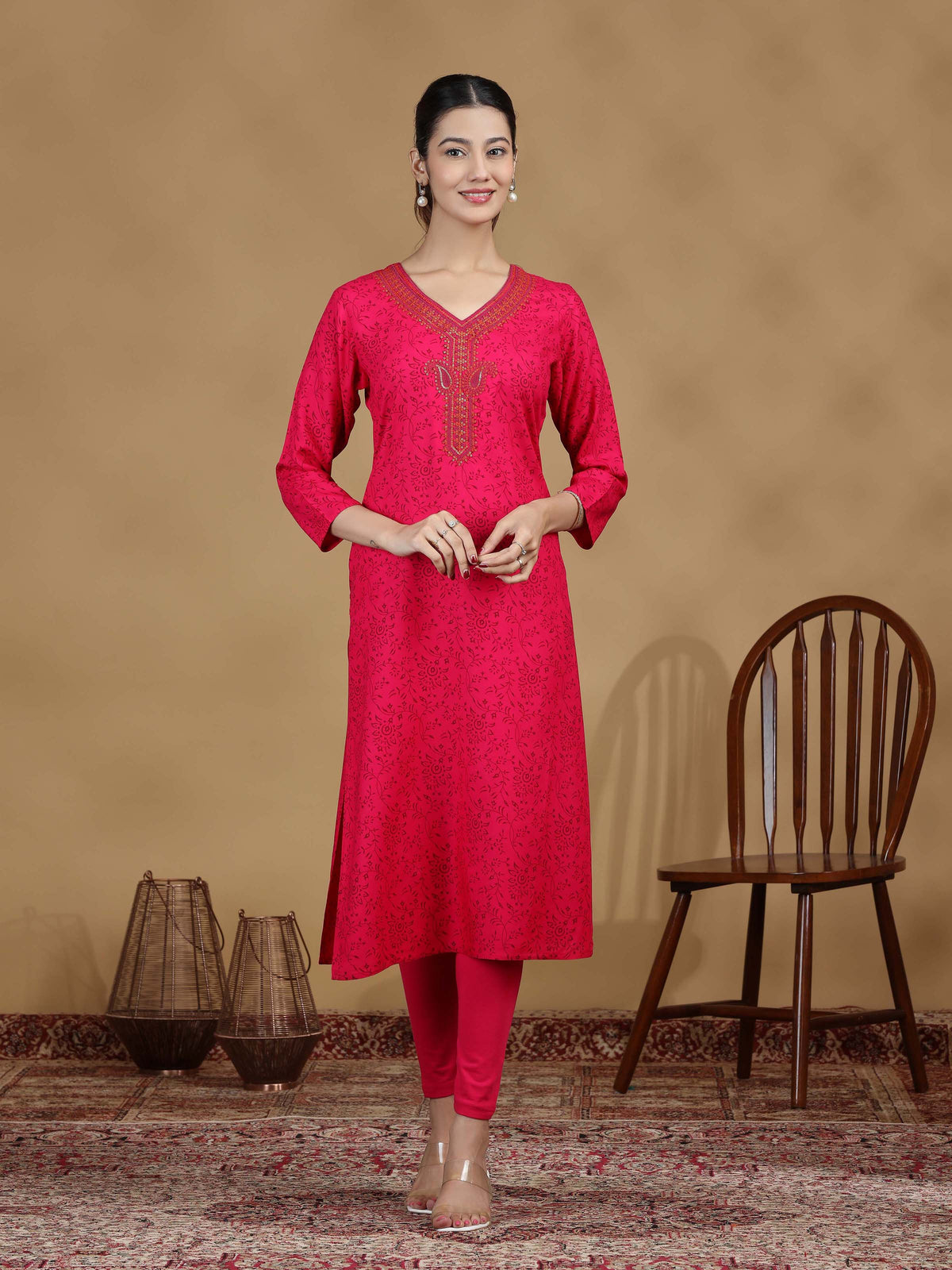Pink Embroidered Straight Kurta