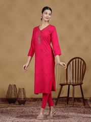 Pink Embroidered Straight Kurta