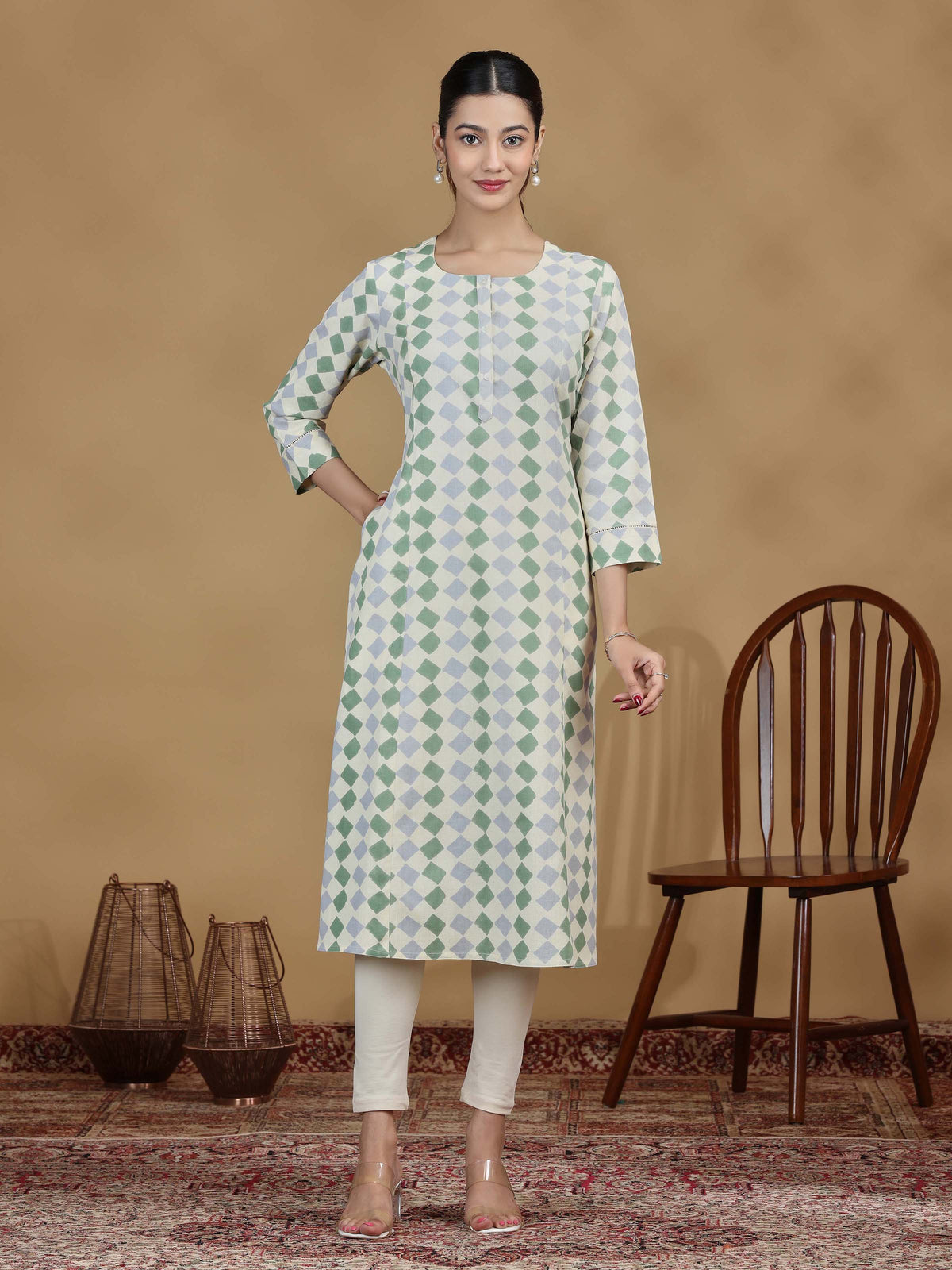 Pastel Green Geometric Printed Straight Kurta