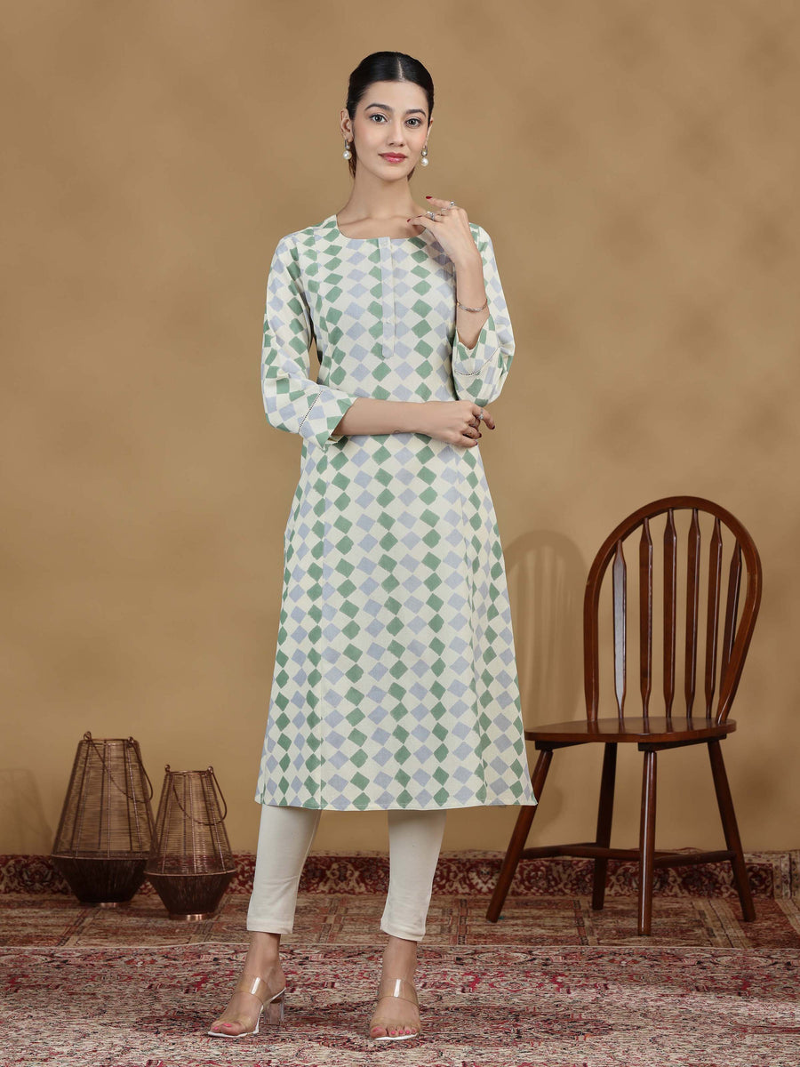 Pastel Green Geometric Printed Straight Kurta