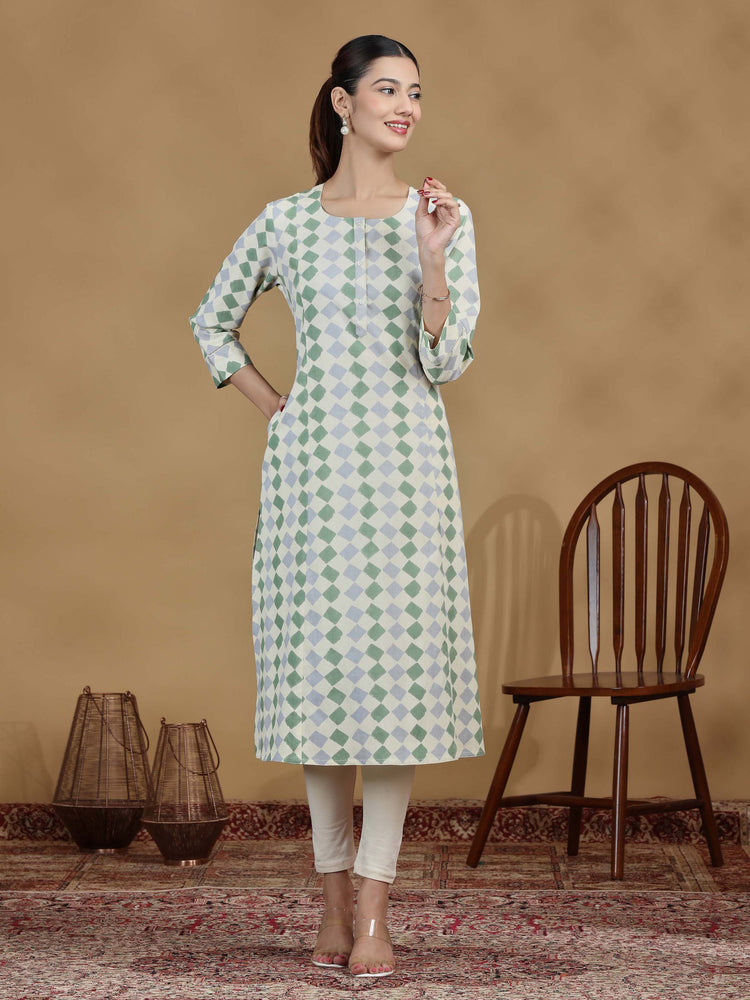 Pastel Green Geometric Printed Straight Kurta
