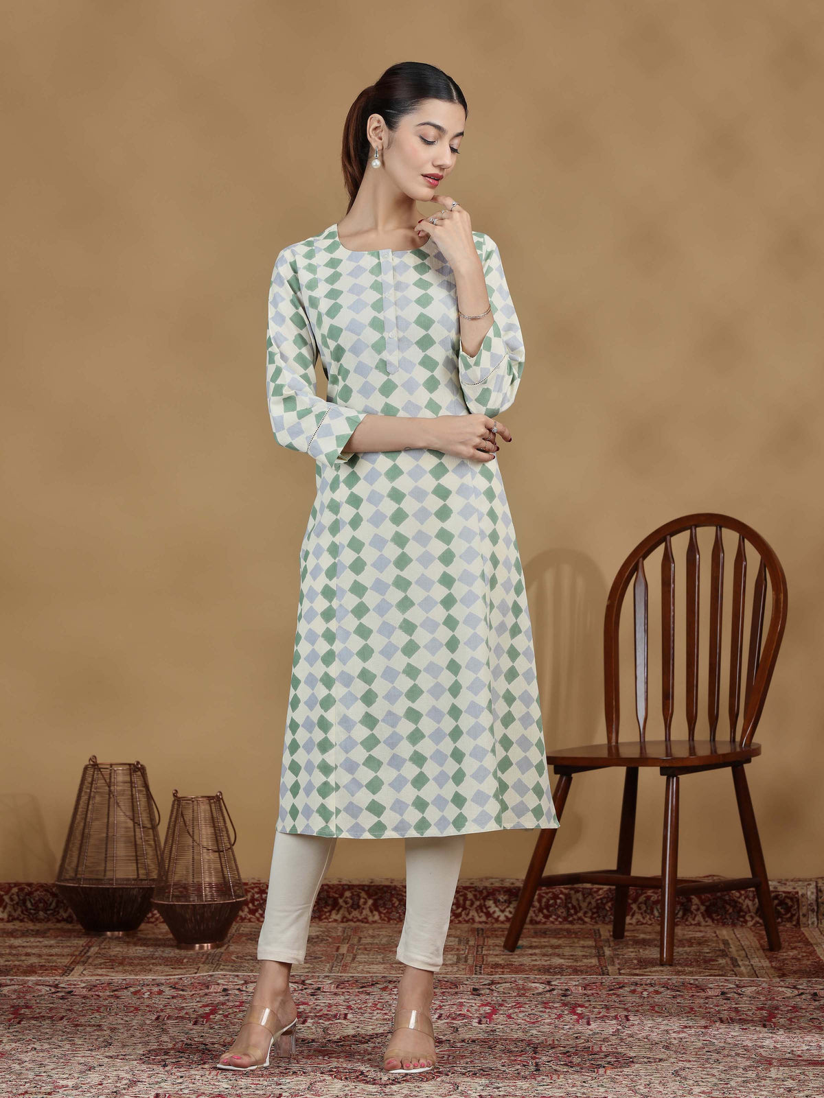 Pastel Green Geometric Printed Straight Kurta