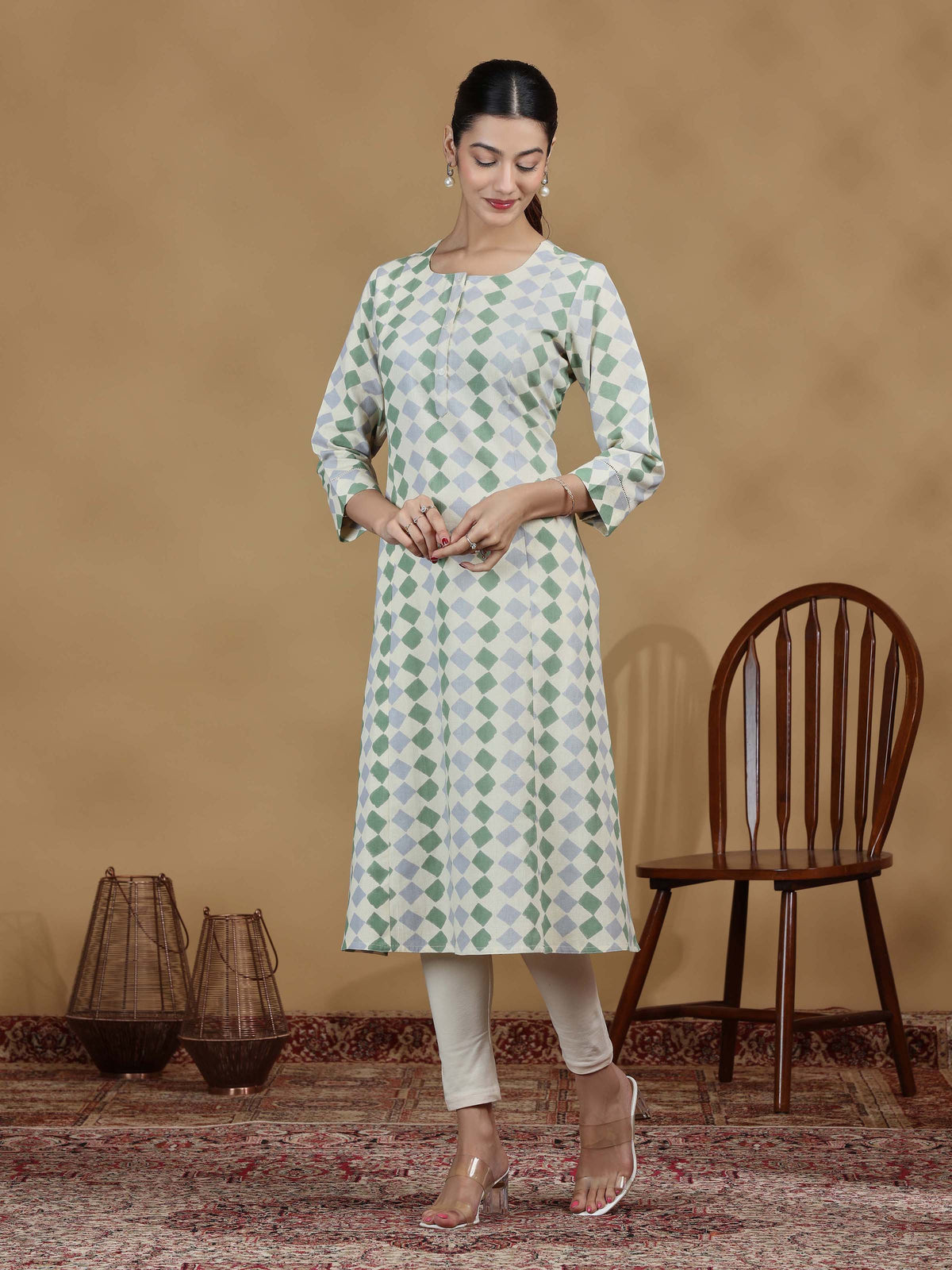 Pastel Green Geometric Printed Straight Kurta