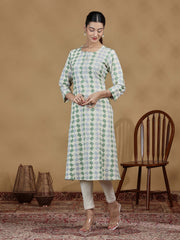 Pastel Green Geometric Printed Straight Kurta