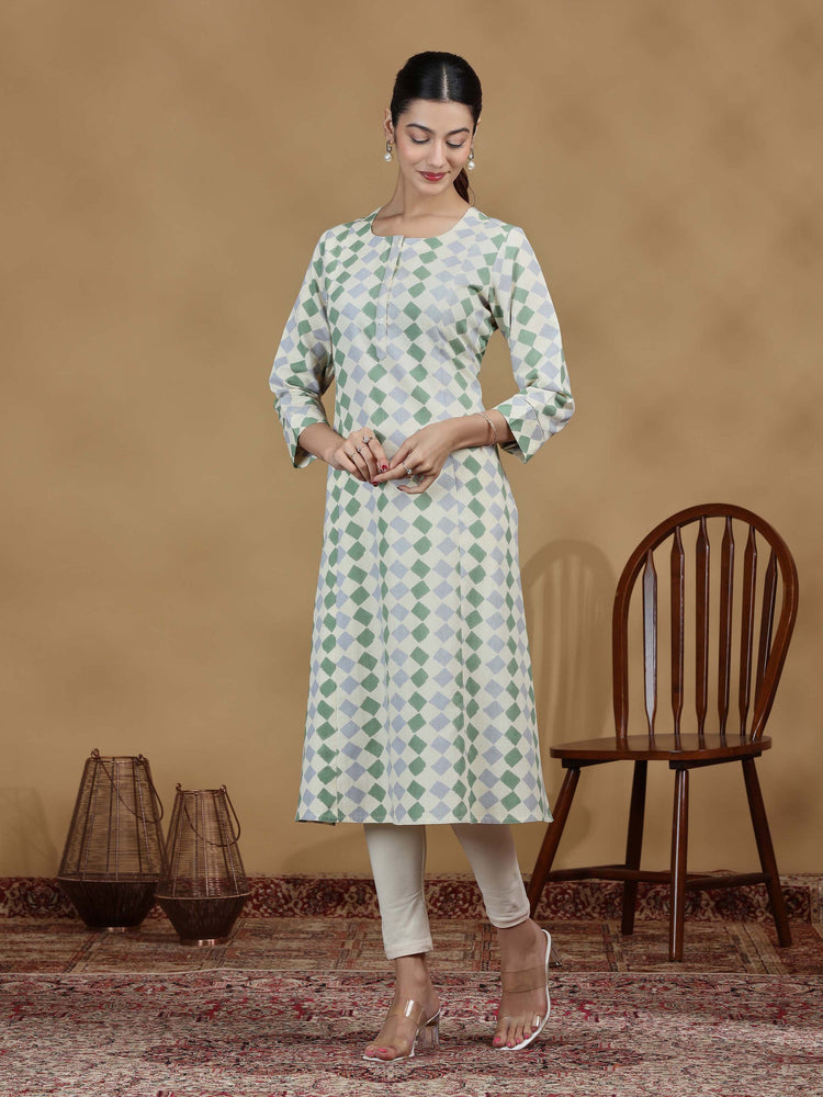 Pastel Green Geometric Printed Straight Kurta