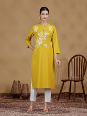 Yellow Floral Cotton Embroidered Kurta